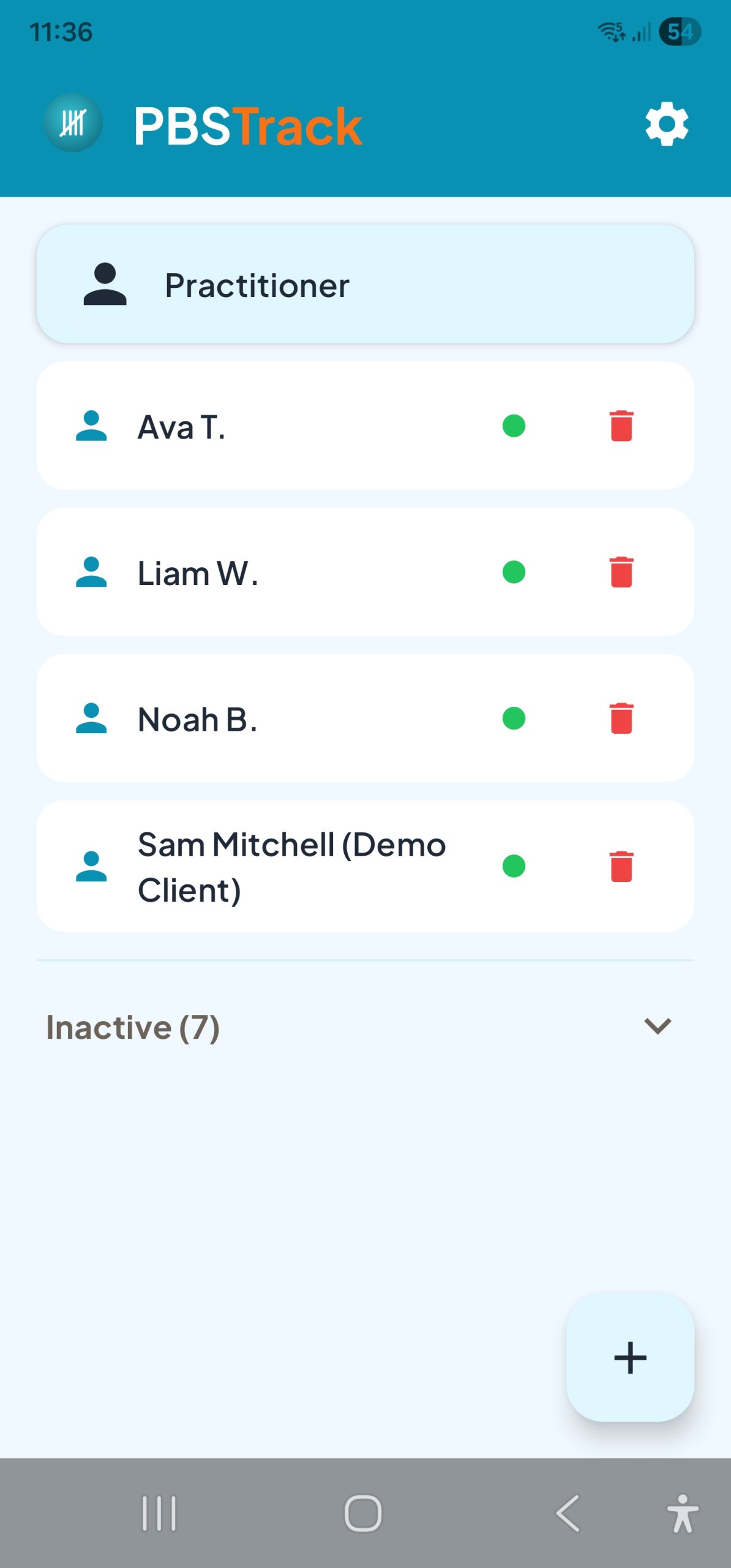 PBSTrack — clients list home screen