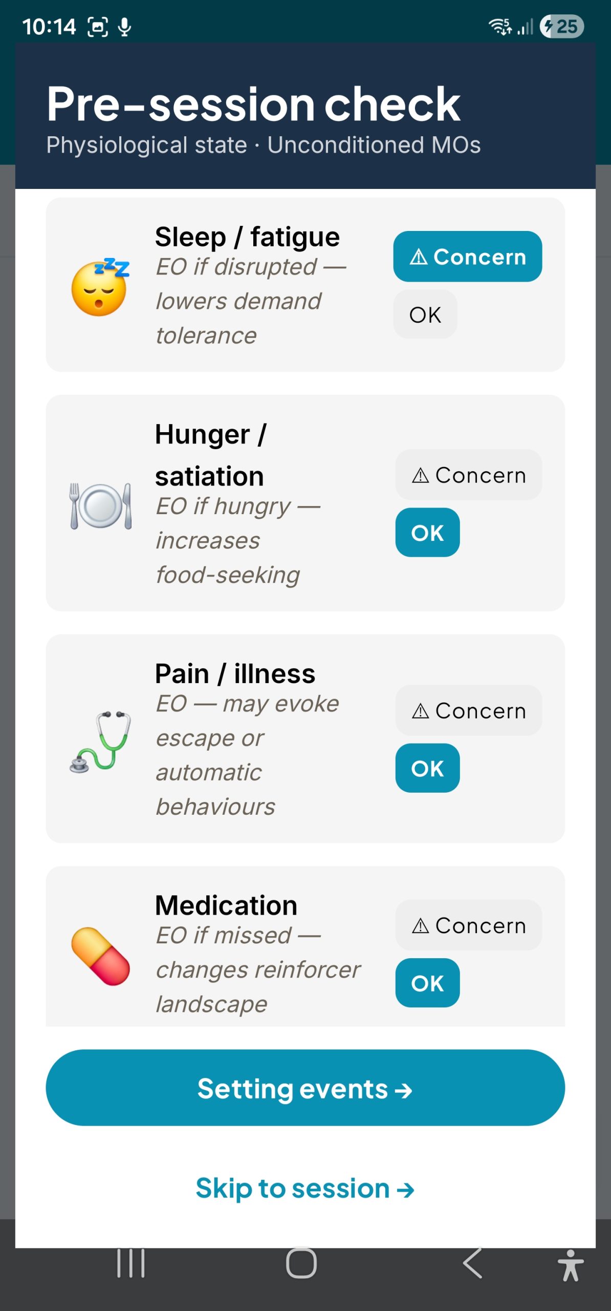 PBSTrack — pre-session physiological (MO) check