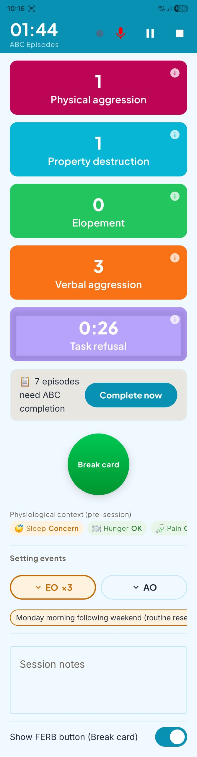 PBSTrack — live session with behaviour tally tiles